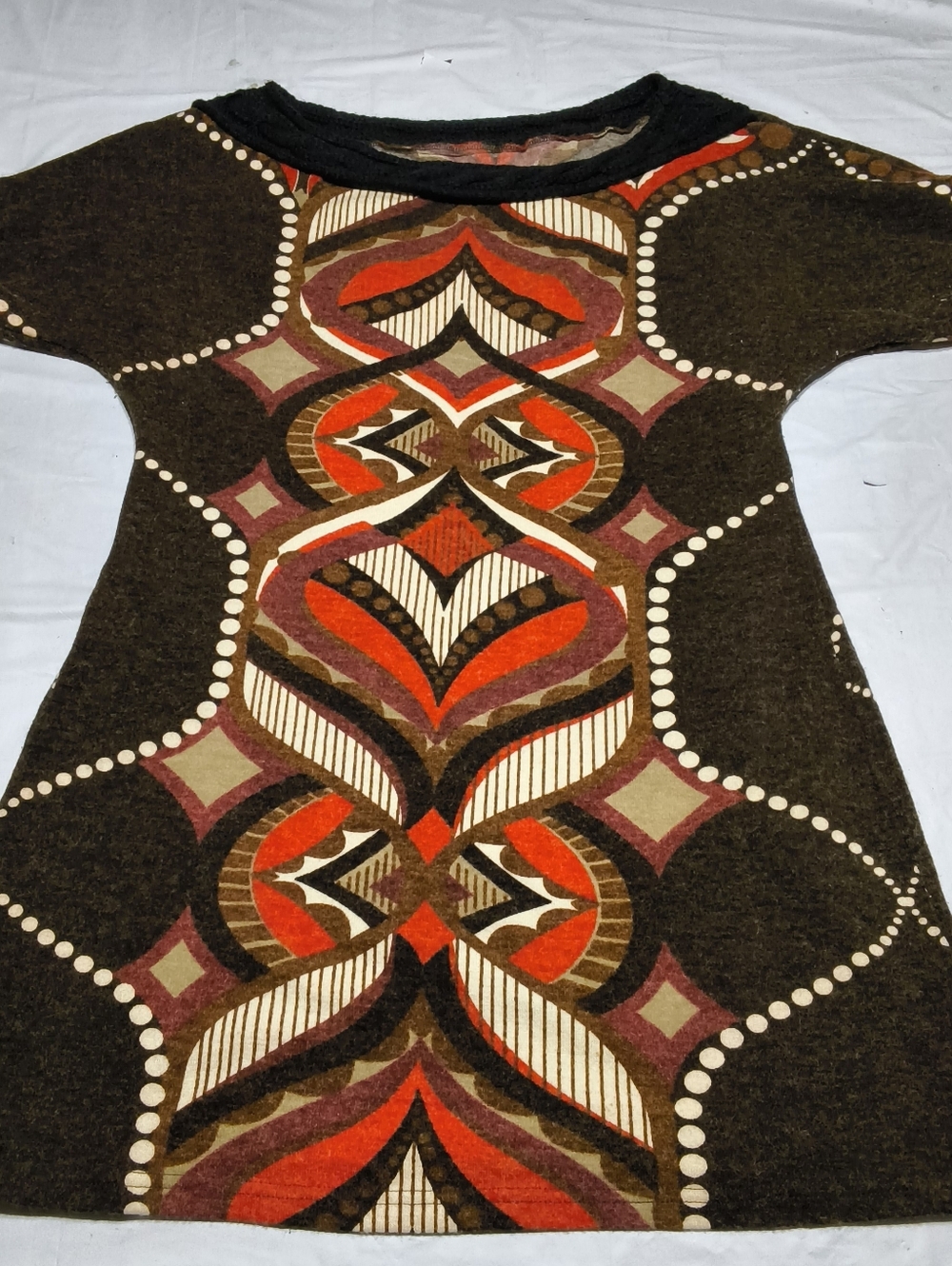 Aryeh Arusha Geometric Knit Sweater Dress Mini Tunic Boho Orange Black Size XL